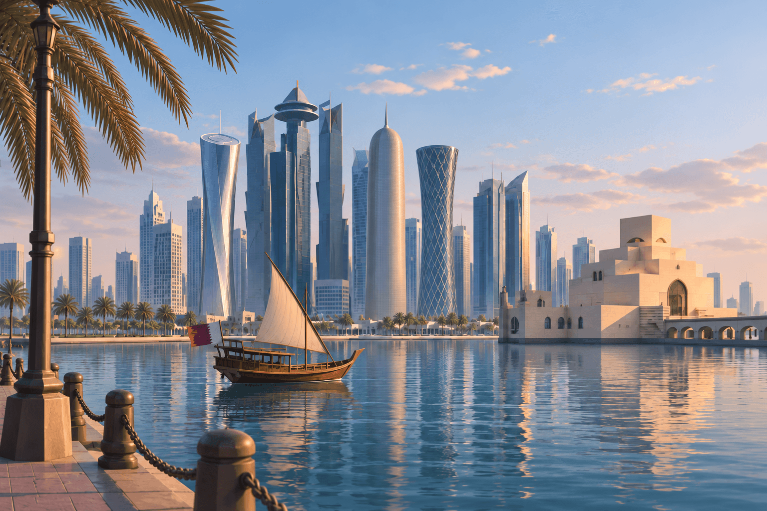 Doha skyline with dhow boat and Museum of Islamic Art